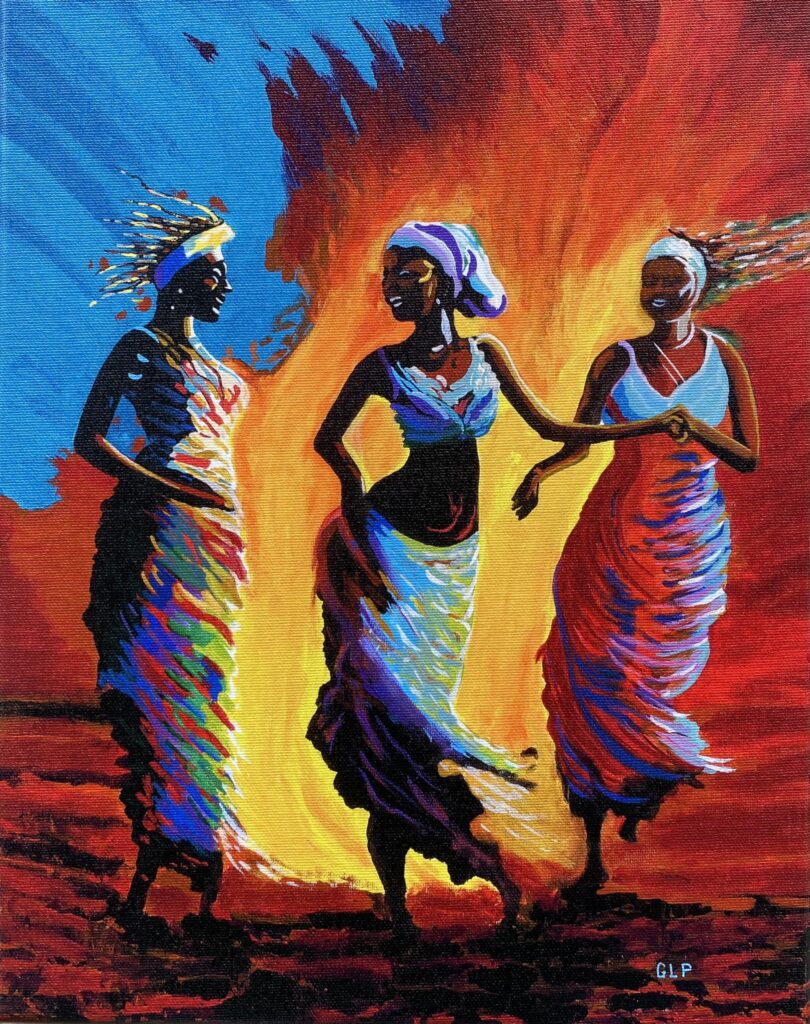 new years dancing - three colorful African women dancing